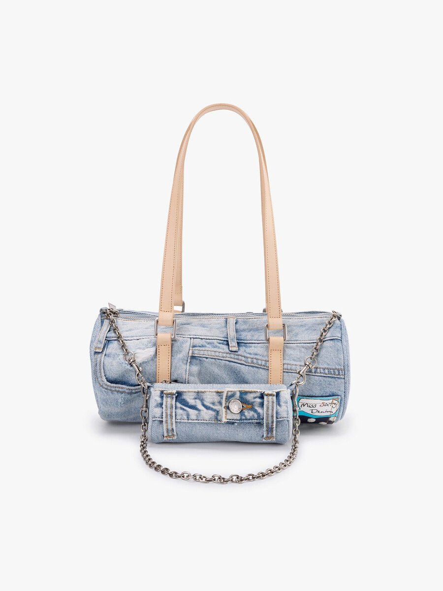 bolso de mezclilla tipo barril con minibolso