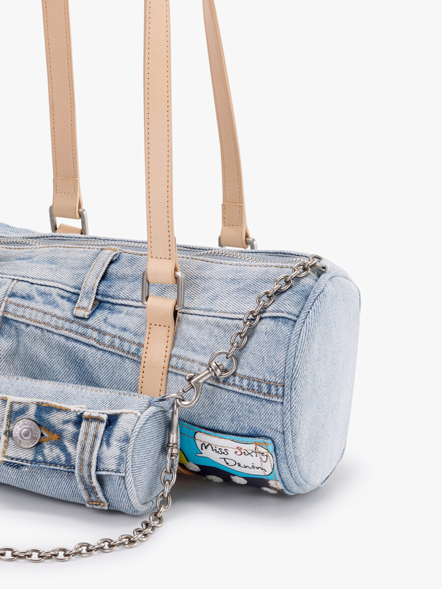 bolso de mezclilla tipo barril con minibolso