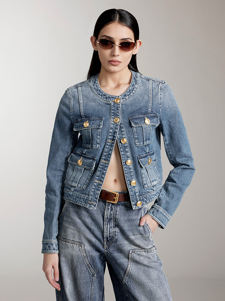 chaqueta vaquera cargo corta con cuello redondo