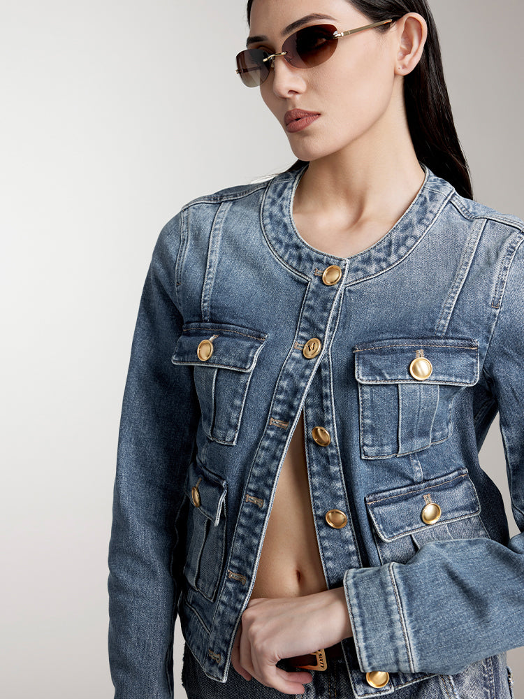chaqueta vaquera cargo corta con cuello redondo