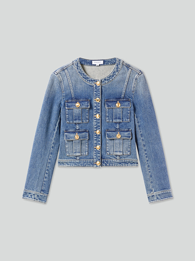 chaqueta vaquera cargo corta con cuello redondo