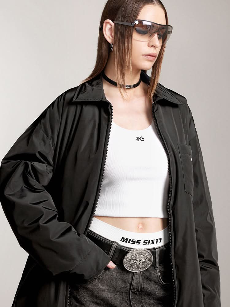 chaqueta de plumón holgada con solapa y estampado