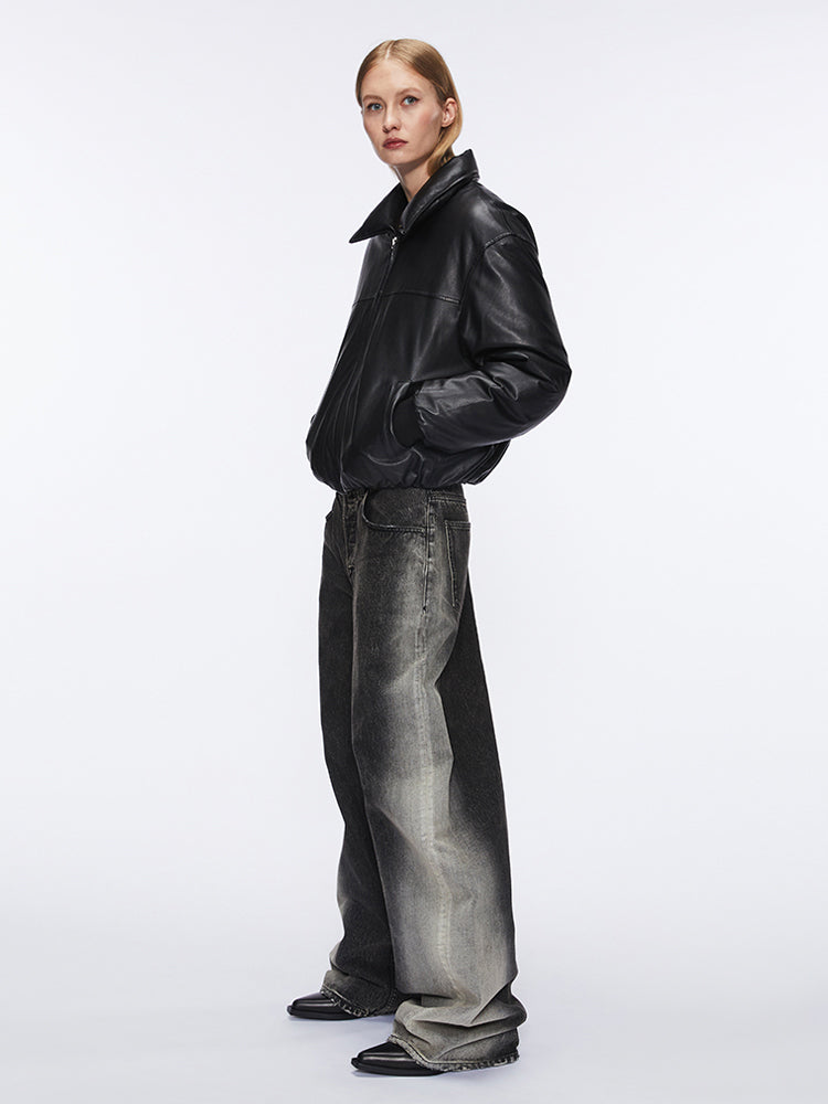chaqueta bomber de cuero con cuello de embudo