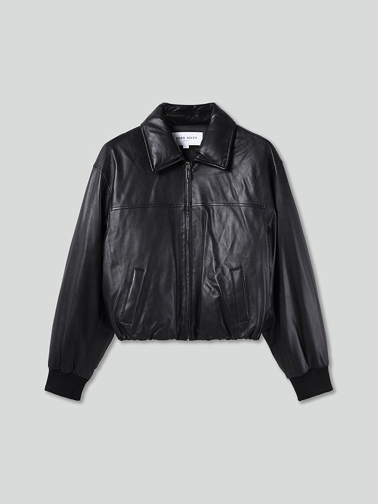 chaqueta bomber de cuero con cuello de embudo