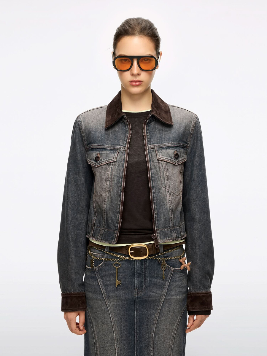 chaqueta vaquera de cuero con patchwork