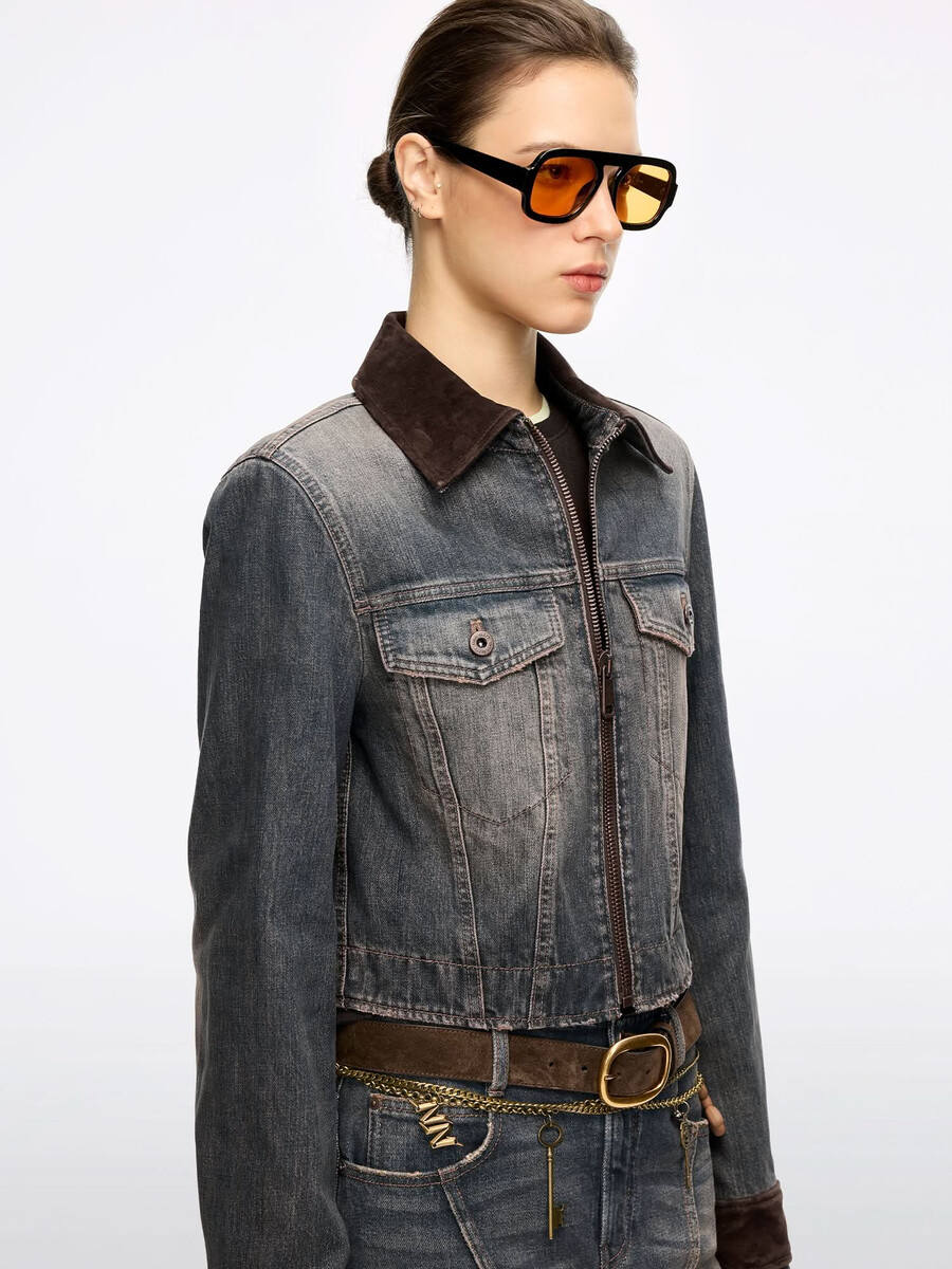 chaqueta vaquera de cuero con patchwork
