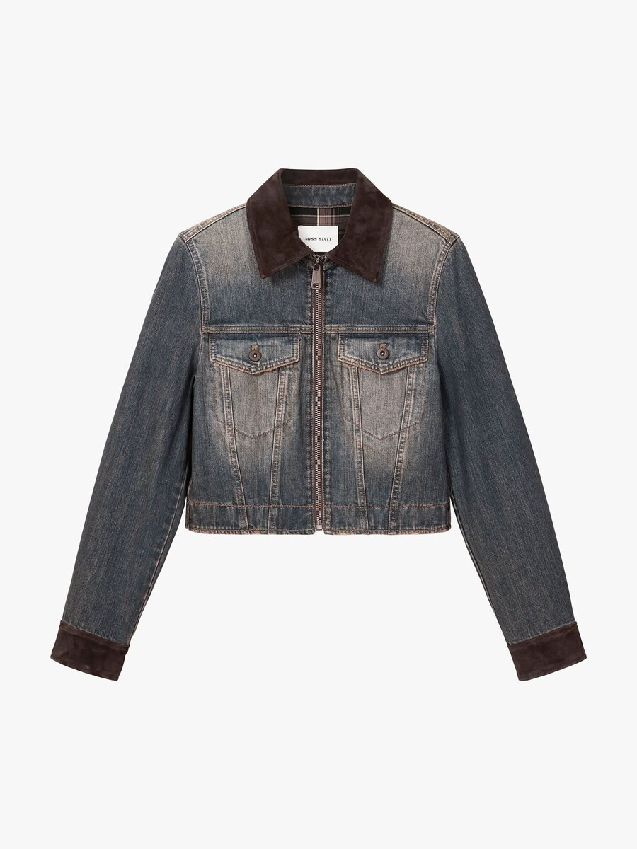 chaqueta vaquera de cuero con patchwork