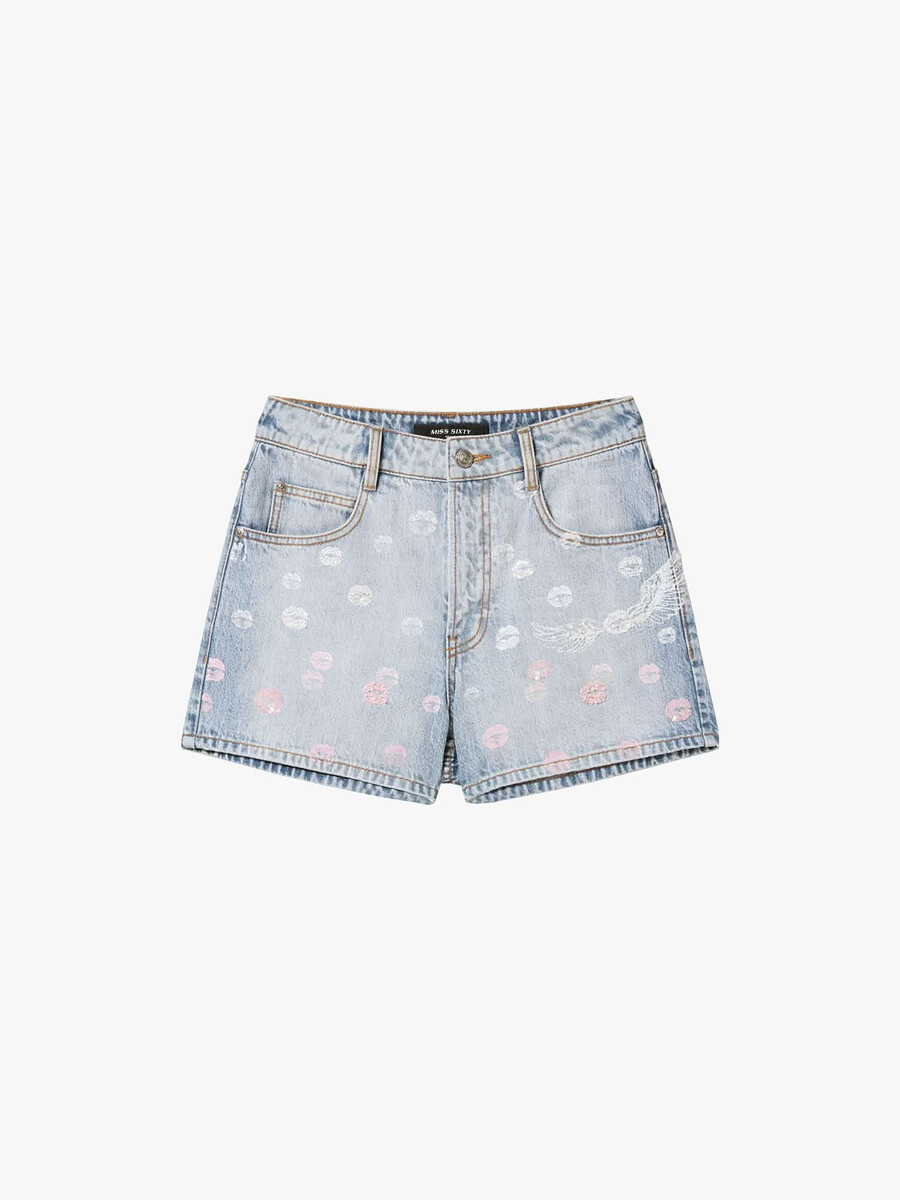 shorts de mezclilla con cuentas y adornos de alas