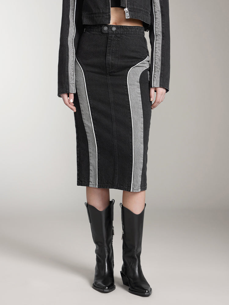falda midi vaquera con patchwork