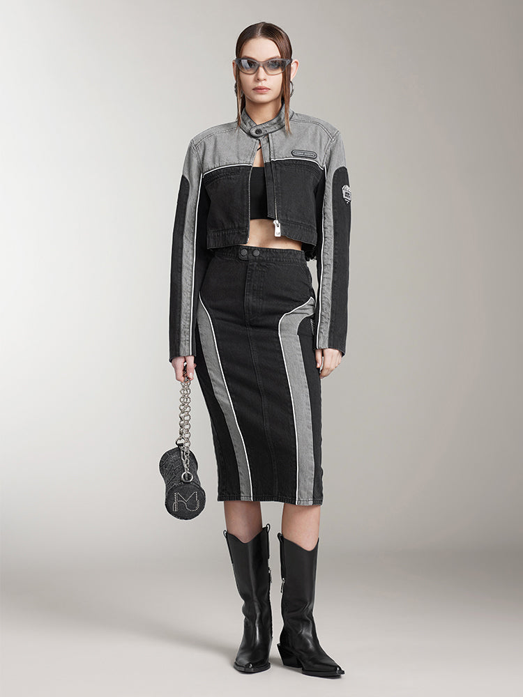 falda midi vaquera con patchwork