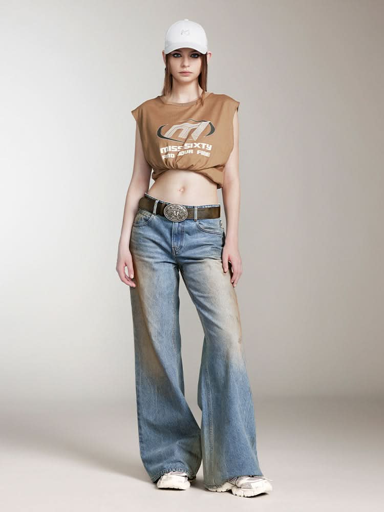 camiseta sin mangas con cuello redondo estampada
