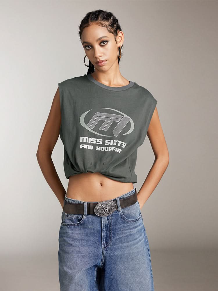 camiseta sin mangas con cuello redondo estampada