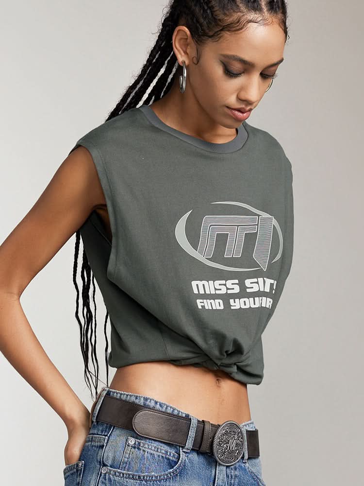 camiseta sin mangas con cuello redondo estampada