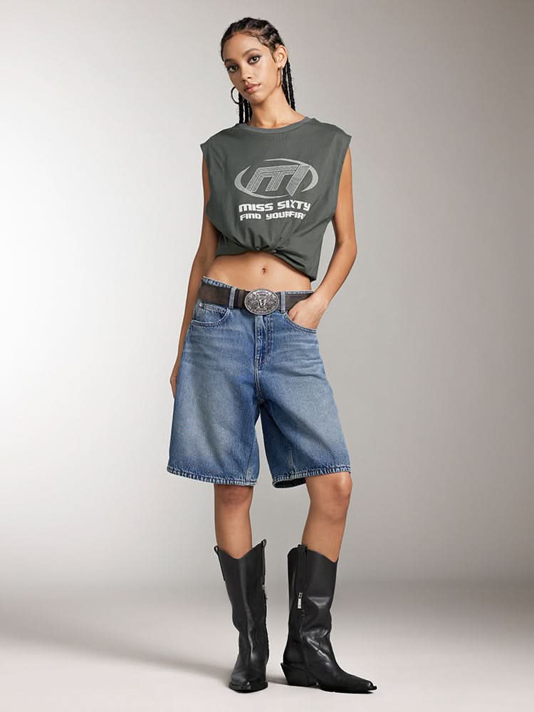 camiseta sin mangas con cuello redondo estampada