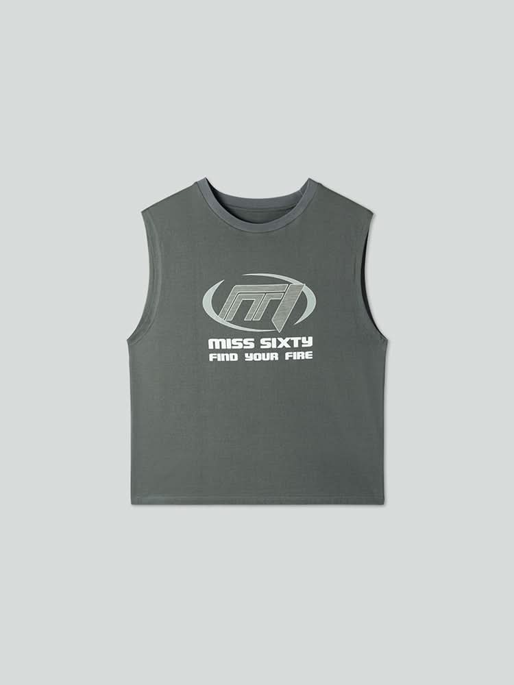 camiseta sin mangas con cuello redondo estampada