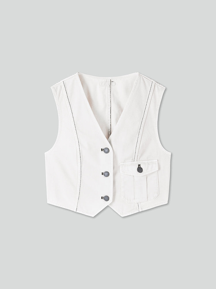 chaleco vaquero blanco roto con cuello en v