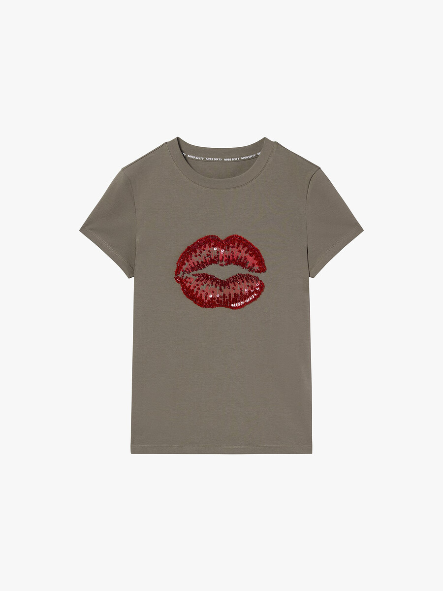 camiseta con cuello redondo y estampado de labios