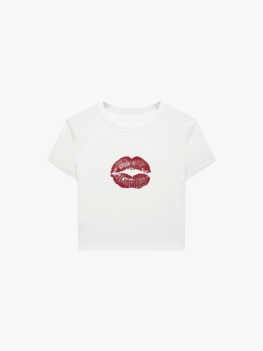camiseta con estampado de labios adornado con diamantes de imitación