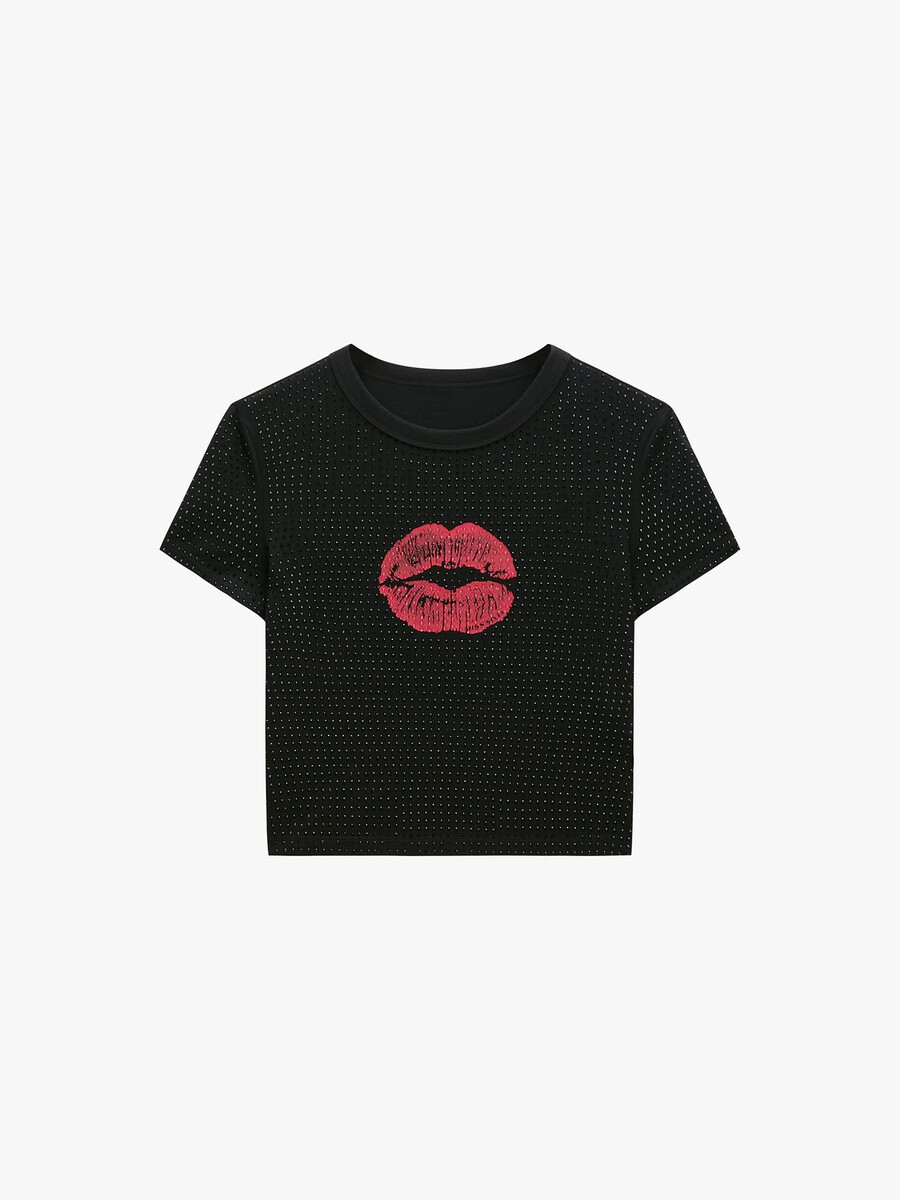 camiseta con estampado de labios adornado con diamantes de imitación