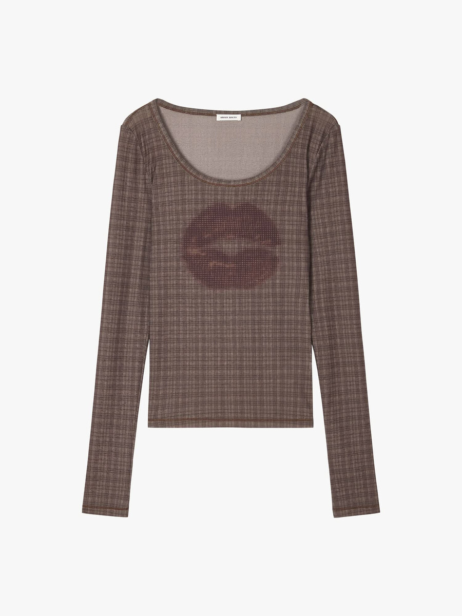camiseta a cuadros con estampado de labios